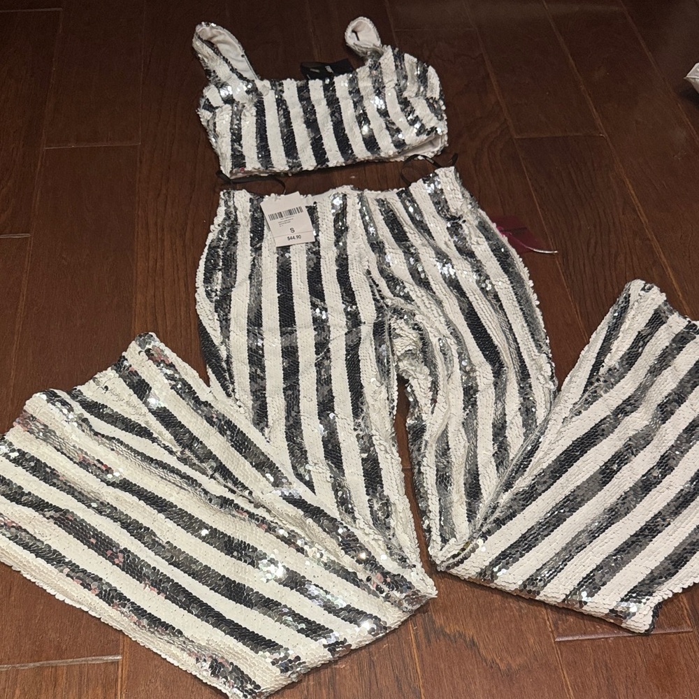 Forever 21 White and Silver Sequin Crop Top and Wide Leg Pants